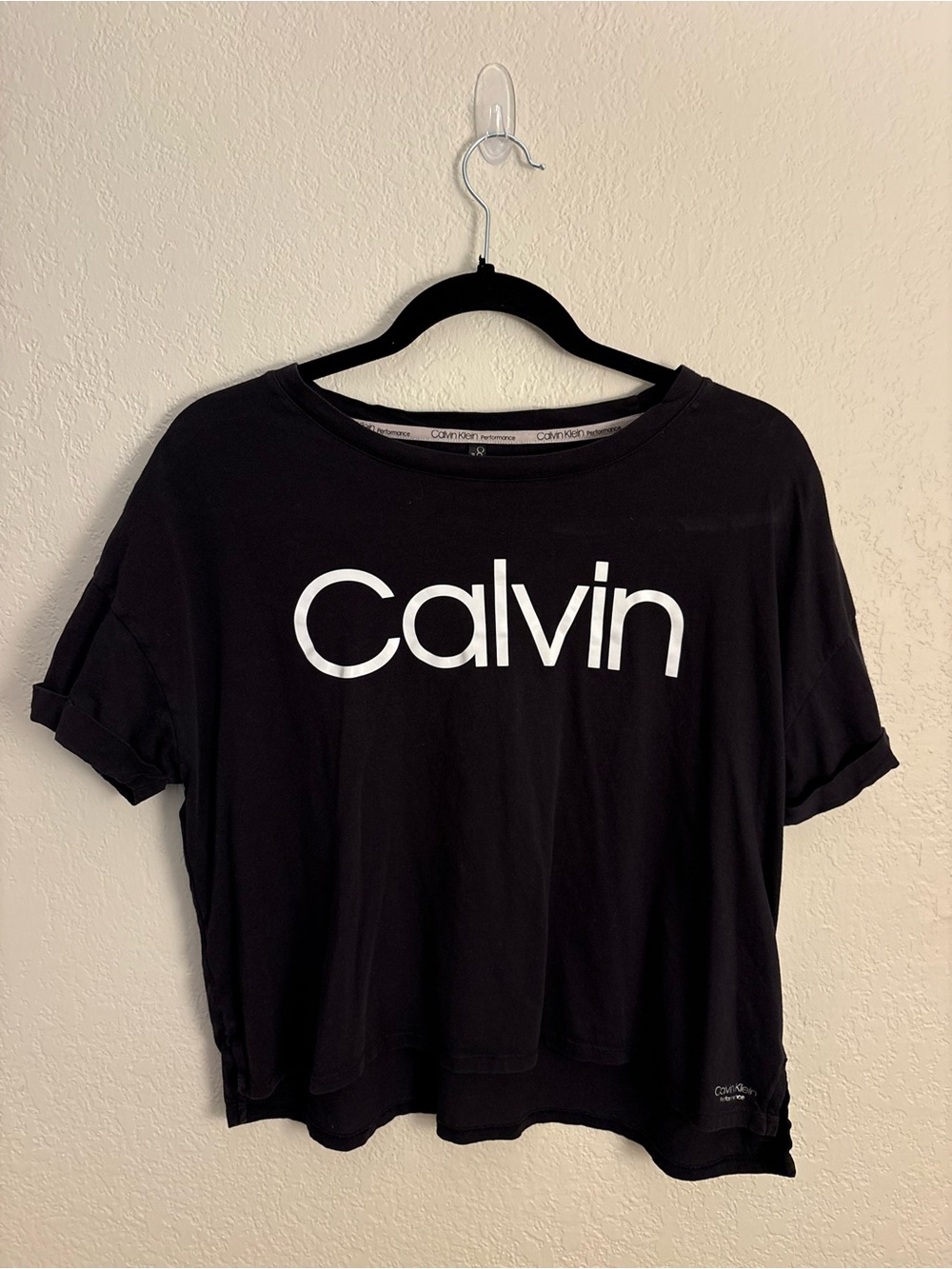 Calvin Klein Black Crop Tee with White 'Calvin' Logo - Women